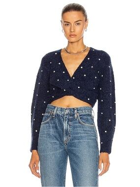 Self-Portrait Navy Pearl-Embellished Cropped V-Neck Sweater